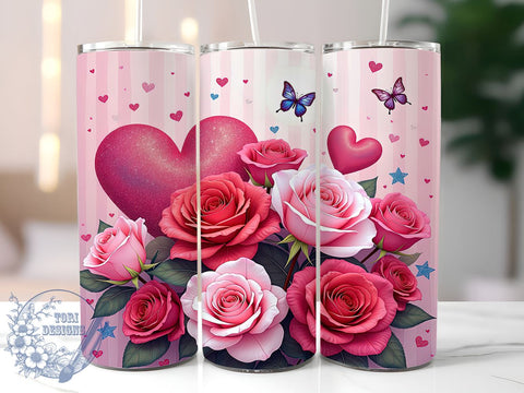 Sparkly Pink Heart 20oz Tumbler, Floral Hearts Design, 20oz Sublimation Wrap, Cute Heart Tumbler, Valentine’s Day Gift, Sparkly Floral Drinkware, Girly Tumbler Wrap Sublimation ToriDesigns 