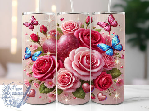 Sparkly Pink Heart 20oz Tumbler, Floral Hearts Design, 20oz Sublimation Wrap, Cute Heart Tumbler, Valentine’s Day Gift, Sparkly Floral Drinkware, Girly Tumbler Wrap Sublimation ToriDesigns 