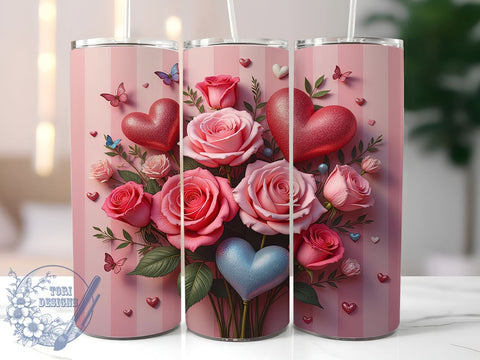 Sparkly Pink Heart 20oz Tumbler, Floral Hearts Design, 20oz Sublimation Wrap, Cute Heart Tumbler, Valentine’s Day Gift, Sparkly Floral Drinkware, Girly Tumbler Wrap Sublimation ToriDesigns 