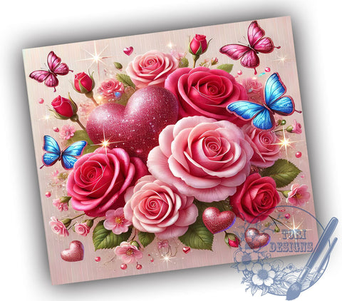 Sparkly Pink Heart 20oz Tumbler, Floral Hearts Design, 20oz Sublimation Wrap, Cute Heart Tumbler, Valentine’s Day Gift, Sparkly Floral Drinkware, Girly Tumbler Wrap Sublimation ToriDesigns 