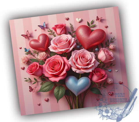 Sparkly Pink Heart 20oz Tumbler, Floral Hearts Design, 20oz Sublimation Wrap, Cute Heart Tumbler, Valentine’s Day Gift, Sparkly Floral Drinkware, Girly Tumbler Wrap Sublimation ToriDesigns 