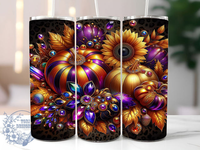 Sparkly Sunflower Leopard Pumpkin Tumbler, Leopard Print Autumn Cup Wrap, 20Oz Sublimation, Glitter Pumpkin Drinkware, Rustic Glam Mug, Sunflower Leopard Wrap, Bold Fall Cup Print Sublimation ToriDesigns 