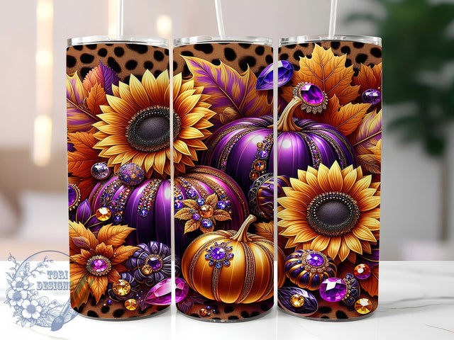 Sparkly Sunflower Leopard Pumpkin Tumbler, Leopard Print Autumn Cup Wrap, 20Oz Sublimation, Glitter Pumpkin Drinkware, Rustic Glam Mug, Sunflower Leopard Wrap, Bold Fall Cup Print Sublimation ToriDesigns 