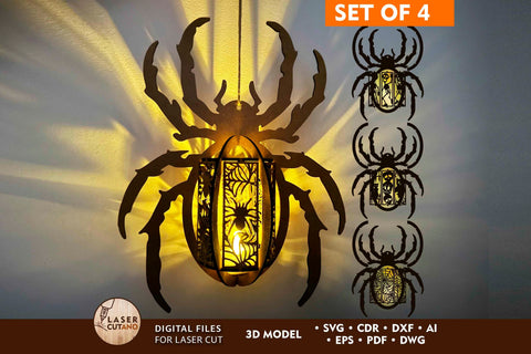 Spider Lantern Set of 4 – Halloween Lamp with Creepy Designs SVG LaserCutano 