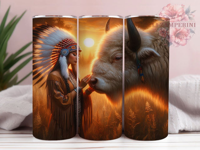 Spiritual White Bison Tribal Tumbler, Indigenous Woman Design, Native American Tumbler, 20oz Tribal Wrap, Spiritual Bison Tumbler, Native American Art Tumbler Sublimation Li Zamperini 