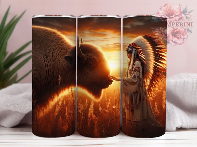 Spiritual White Bison Tribal Tumbler, Indigenous Woman Design, Native American Tumbler, 20oz Tribal Wrap, Spiritual Bison Tumbler, Native American Art Tumbler Sublimation Li Zamperini 