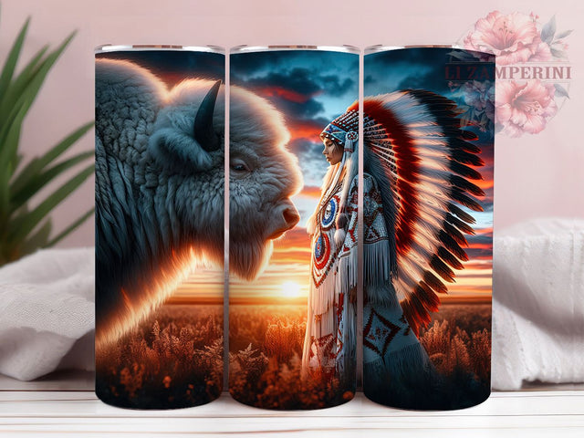 Spiritual White Bison Tribal Tumbler, Indigenous Woman Design, Native American Tumbler, 20oz Tribal Wrap, Spiritual Bison Tumbler, Native American Art Tumbler Sublimation Li Zamperini 