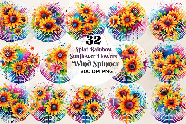 Splat Rainbow Sunflower Flowers Wind Spinner Bundle Sublimation Regulrcrative 