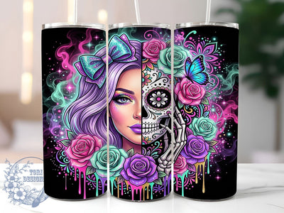Split Face Sugar Skull 20oz Tumbler, Split Face Sugar Skull, Sugar Skull Tumbler, Split Face Skull, Day Of The Dead, Skull Tumbler, 20oz Tumbler, Tumbler Wrap Sublimation ToriDesigns 