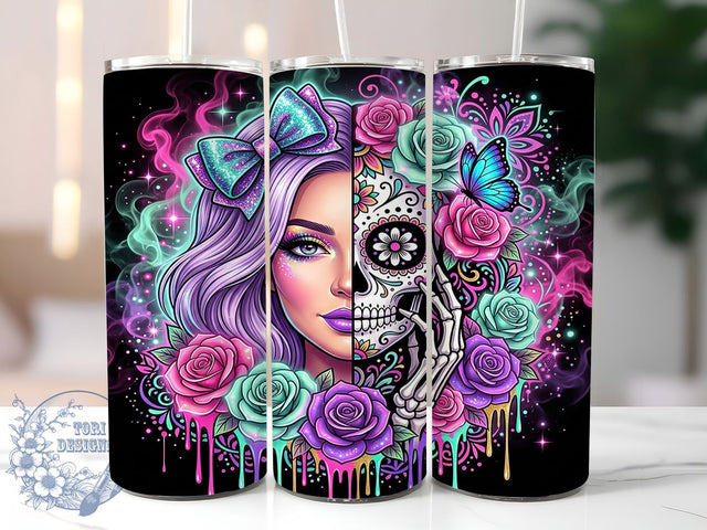 Split Face Sugar Skull 20oz Tumbler, Split Face Sugar Skull, Sugar Skull Tumbler, Split Face Skull, Day Of The Dead, Skull Tumbler, 20oz Tumbler, Tumbler Wrap Sublimation ToriDesigns 