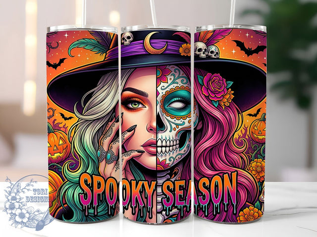 Split Face Sugar Skull 20oz Tumbler, Sugar Skull, Split Face, Day of the Dead, Halloween Design, Colorful Style, 20oz Wrap, Sublimation Tumbler Sublimation ToriDesigns 