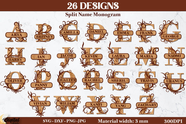 Split Name Monogram Bundle Laser Cut. Name Sign Laser Cut SVG Evgenyia Guschina 