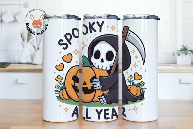 Spooky All Year Grim Reaper Halloween 20oz Skinny Tumbler Png, Snarky Skeleton Sublimation Design Sublimation Rabbitmakies 