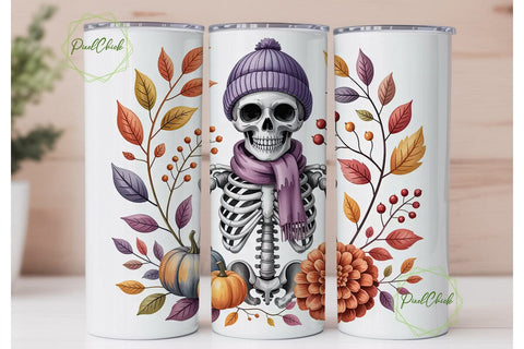 Spooky Autumn Skeleton 20oz Tumbler Wrap Sublimation PixelChick 