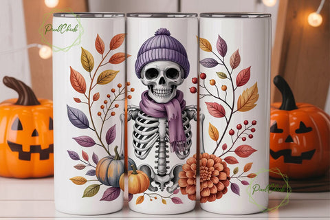 Spooky Autumn Skeleton 20oz Tumbler Wrap Sublimation PixelChick 