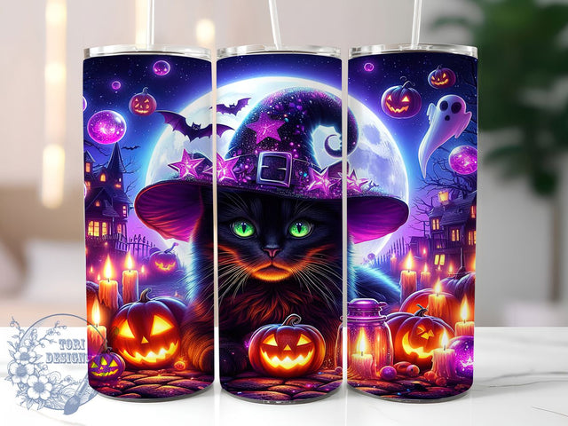 Spooky Black Cat Halloween Tumbler, Spooky Cat Cup, 20Oz Sublimation Wrap, Gothic Cat Mug, Autumn Halloween Drinkware, Creepy Cat Tumbler, Vintage Halloween Design Sublimation ToriDesigns 