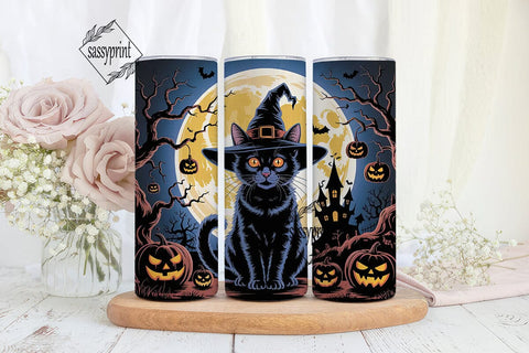 Spooky Black Cat Moon 20oz Tumbler Wrap Sublimation sassyprint 