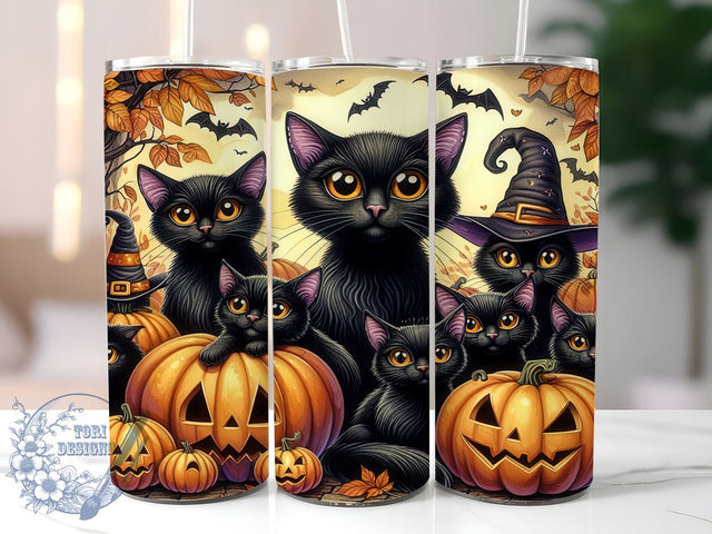Spooky Black Creepy Cats 20oz Skinny Tumbler PNG, Halloween Black Cats Tumbler Sublimation Wrap, Straight & Tapered Tumbler Wrap, Instant Digital Download Sublimation ToriDesigns 