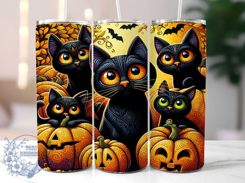 Spooky Black Creepy Cats 20oz Skinny Tumbler PNG, Halloween Black Cats Tumbler Sublimation Wrap, Straight & Tapered Tumbler Wrap, Instant Digital Download Sublimation ToriDesigns 