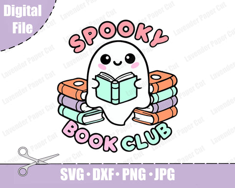 Spooky Book Club Ghost Reading Kawaii SVG, PNG, Clipart for Sublimation on Cricut and Silhouette SVG Lavender Paper Cut 