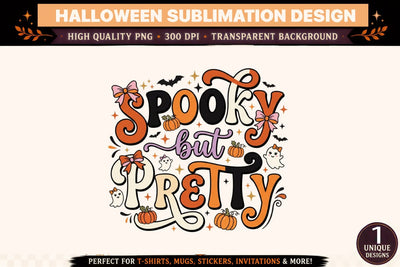 Spooky But Pretty PNG, Cute Halloween Ghost Sublimation Design, Orange Black Purple Lettering, Girly Halloween Clipart for T Shirts and Mugs Sublimation BlackCatsMedia 