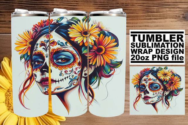 Spooky Calavera Design Tumbler – 20oz Watercolor Sublimation afrosvg 