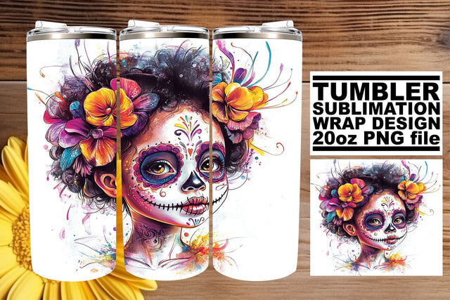 Spooky Calavera Tumbler – 20oz Watercolor Sublimation Sublimation afrosvg 
