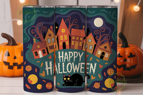 Spooky Cat Village 20oz Tumbler Wrap Sublimation PixelChick 