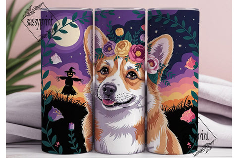 Spooky Corgi Floral 20oz Tumbler Wrap Sublimation sassyprint 