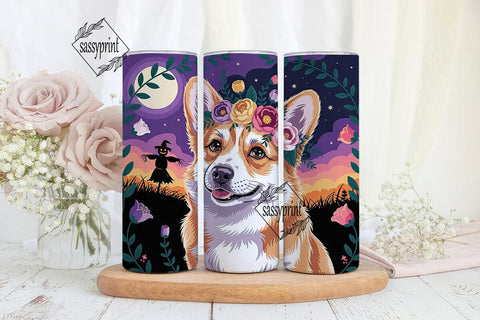 Spooky Corgi Floral 20oz Tumbler Wrap Sublimation sassyprint 