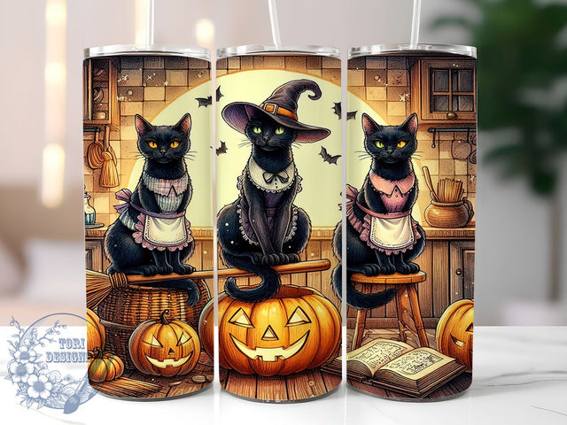 Spooky Cottage Core Halloween 20oz Skinny Tumbler, Vintage Black Cats Tumbler Png, Straight & Tapered Tumbler Wrap, Instant Digital Download Sublimation ToriDesigns 