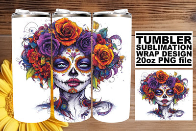 Spooky Day of the Dead Wrap – 20oz Watercolor Tumbler Sublimation afrosvg 