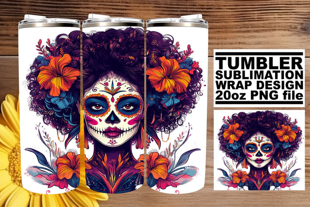 Spooky Day of the Dead Wrap – 20oz Watercolor Tumbler Sublimation afrosvg 