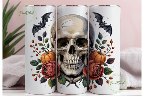 Spooky Floral Skull 20oz Tumbler Wrap Sublimation PixelChick 