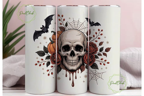 Spooky Floral Skull 20oz Tumbler Wrap Sublimation PixelChick 