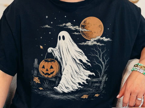Spooky Ghost Holding Pumpkin PNG Design SVG DesignDestine 