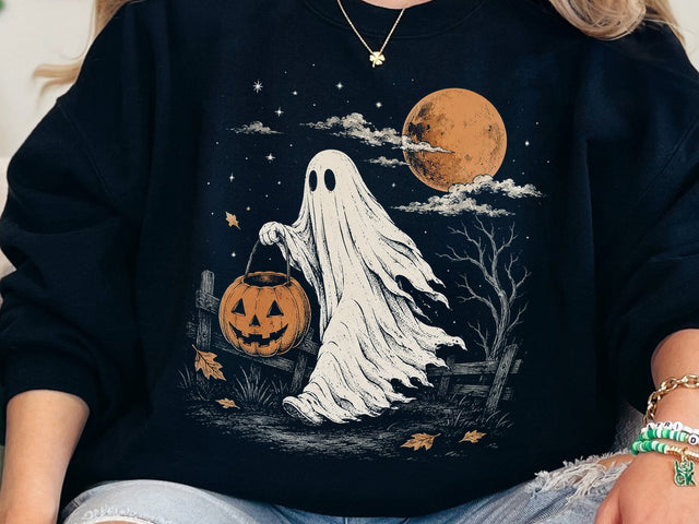 Spooky Ghost Holding Pumpkin PNG Design SVG DesignDestine 