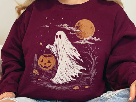 Spooky Ghost Holding Pumpkin PNG Design SVG DesignDestine 
