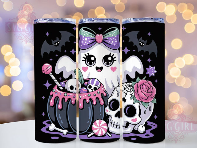 Spooky Ghost Skull Creepy Cute Tumbler, Cute Halloween Wrap, Ghosts And Skulls Cup, Kawaii Halloween Design, 20Oz Sublimation Wrap, Gothic Halloween Drinkware, Creepy Cute Tumbler Sublimation SvggirlplusArt 