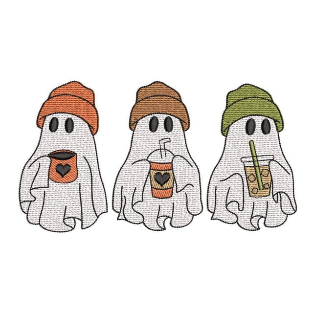 Spooky Ghost with Coffee Embroidery Design, Ghost Coffee Halloween Embroidery Design, Ghost Drinking Coffee Embroidery Design, 4 sizes Embroidery/Applique DESIGNS Nino Nadaraia 