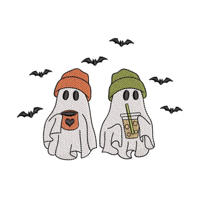 Spooky Ghosts with Coffee Embroidery Design, Ghosts Coffee Halloween Embroidery Design, Ghost Drinking Coffee Embroidery Design, 3 sizes Embroidery/Applique DESIGNS Nino Nadaraia 