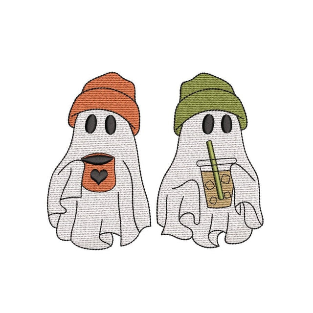 Spooky Ghosts with Coffee Embroidery Design, Ghosts Coffee Halloween Embroidery Design, Ghost Drinking Coffee Embroidery Design, 4 sizes Embroidery/Applique DESIGNS Nino Nadaraia 
