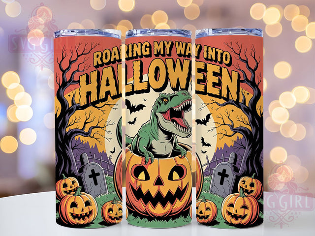 Spooky Halloween Dinosaur Tumbler, Roaring Dino, Spooky Wrap, 20Oz Tumbler, Sublimation Design, Funny Halloween, Jurassic Theme Sublimation SvggirlplusArt 