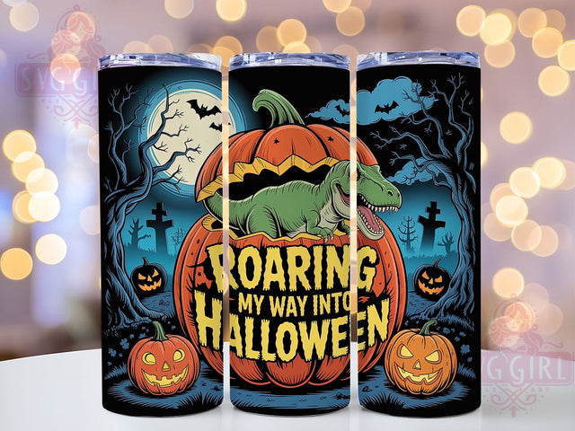 Spooky Halloween Dinosaur Tumbler, Roaring Dino, Spooky Wrap, 20Oz Tumbler, Sublimation Design, Funny Halloween, Jurassic Theme Sublimation SvggirlplusArt 