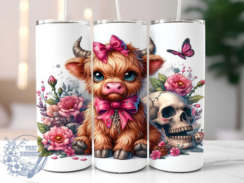 Spooky Halloween Highland Cow 20oz Skinny Tumbler PNG, Spooky Coquette Tumbler Sublimation Wrap, Straight & Tapered Tumbler Wrap, Instant Digital Download Sublimation ToriDesigns 