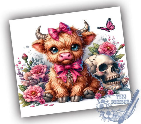 Spooky Halloween Highland Cow 20oz Skinny Tumbler PNG, Spooky Coquette Tumbler Sublimation Wrap, Straight & Tapered Tumbler Wrap, Instant Digital Download Sublimation ToriDesigns 