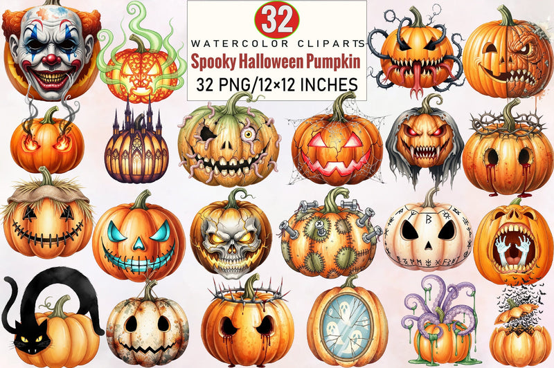 Spooky Halloween Pumpkin Clipart Bundle. Sublimation SVGArt 