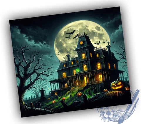Spooky Haunted House Bats Moonlight 20 oz Skinny Tumbler Sublimation Design, Straight And Tapered Tumbler Wrap, Instant Digital Download PNG Sublimation ToriDesigns 