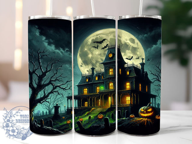 Spooky Haunted House Bats Moonlight 20 oz Skinny Tumbler Sublimation Design, Straight And Tapered Tumbler Wrap, Instant Digital Download PNG Sublimation ToriDesigns 