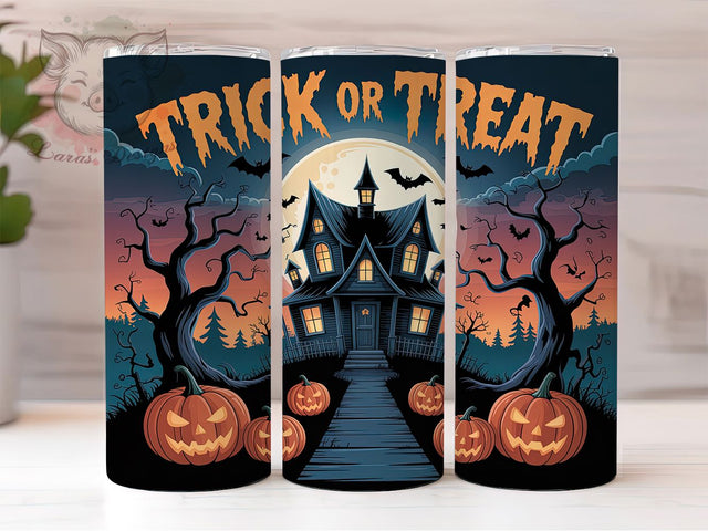 Spooky Haunted Trick or Treat Tumbler, Haunted House, Flying Witch, 20Oz Tumbler, Sublimation Design, Halloween Night, Spooky Vibes Sublimation Lara' s Designs 